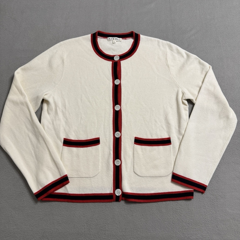 Alex Mill Sweater Womens Large Ivory Red‎ Navy Cardigan Pockets Classic Luxury